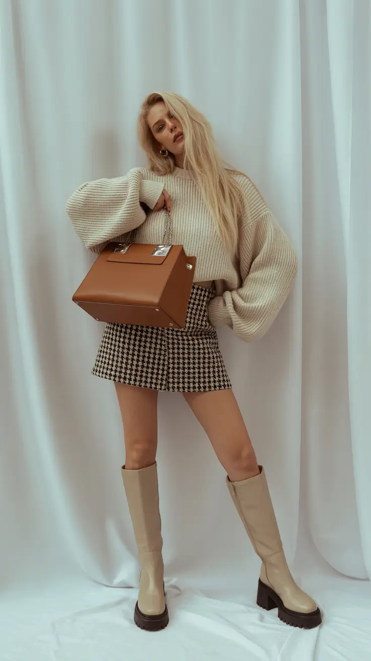 Trendy Birthday Outfit Winter 2025 2026 Oversized Knit with Houndstooth Mini