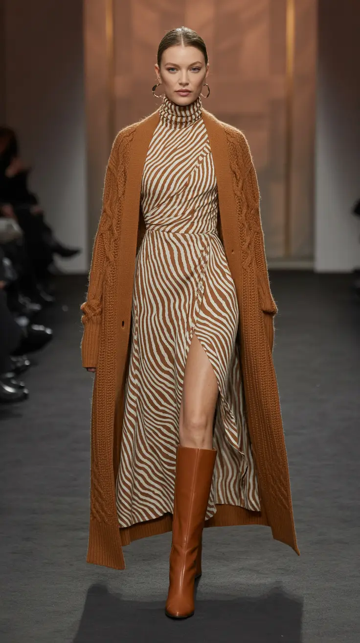 Trendy Birthday Outfit Winter 2025 2026 Zebra Print Dress with Long Cardigan
