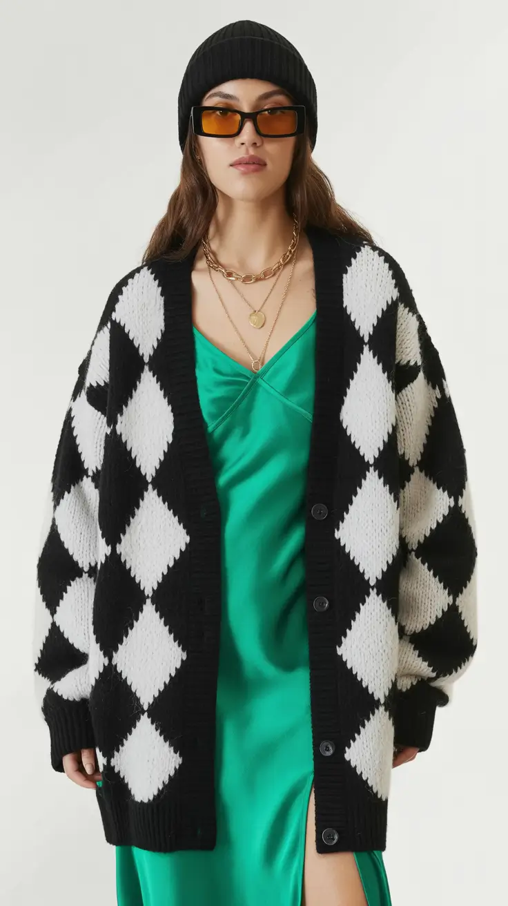 Trendy Birthday Outfit Winter 2025 2026 Green Satin Dress with Checkered Cardigan