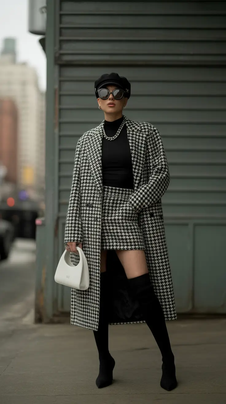 Trendy Birthday Outfit Winter 2025 2026 Monochrome Houndstooth Power Set