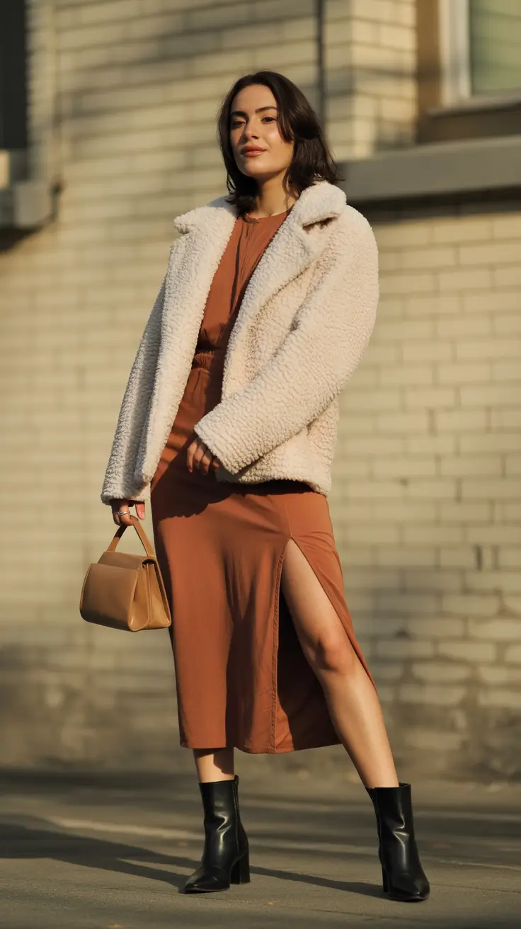 Trendy Birthday Outfit Winter 2025 2026 Rust Midi Dress with Shearling Jacket