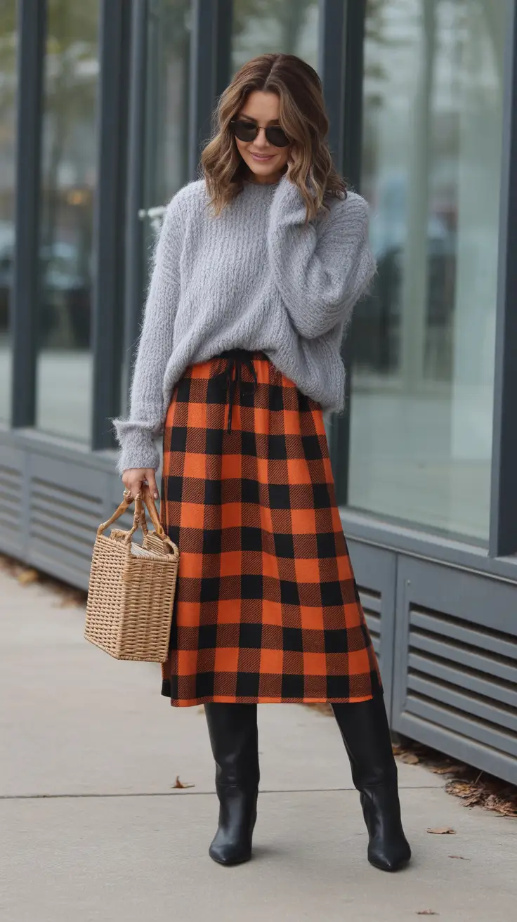 Trendy Birthday Outfit Winter 2025 2026 Plaid Skirt with Soft Knit