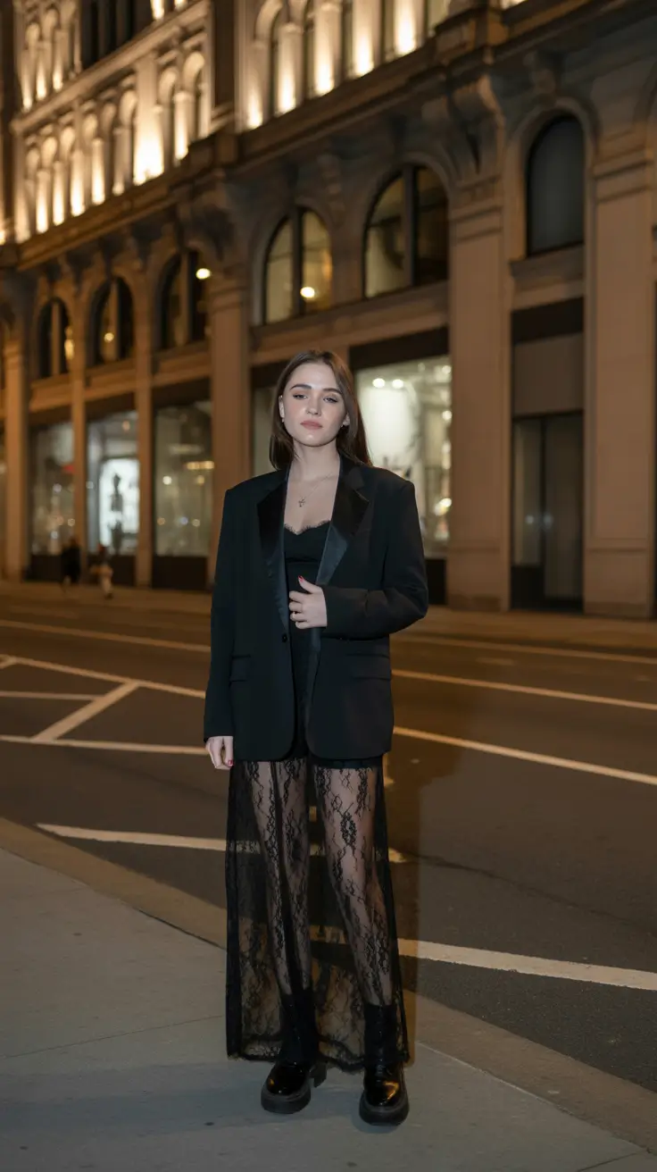 Trendy Birthday Outfit Winter 2025 2026 Black Lace Pants with Satin Blazer