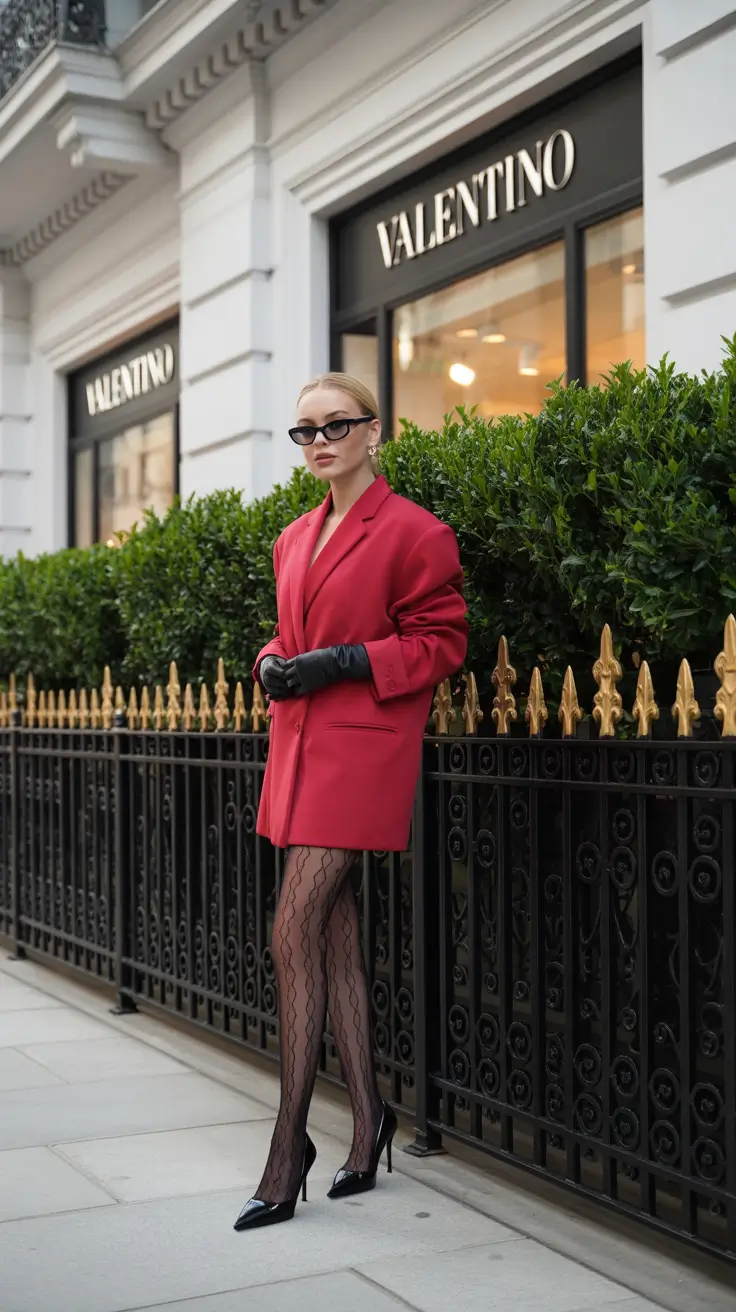 Trendy Birthday Outfit Winter 2025 2026 Red Blazer Dress with Patterned Tights