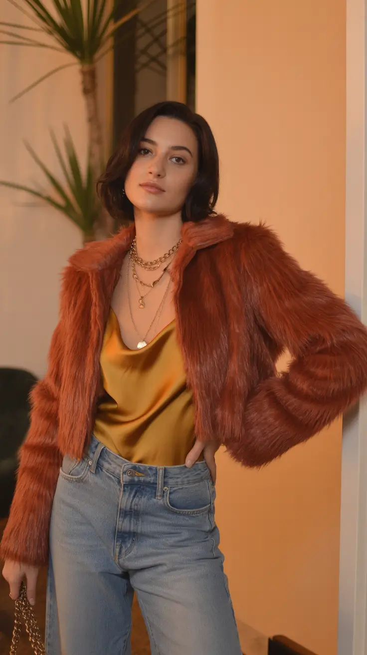 Trendy Birthday Outfit Winter 2025 2026 Faux Fur and Satin with Denim