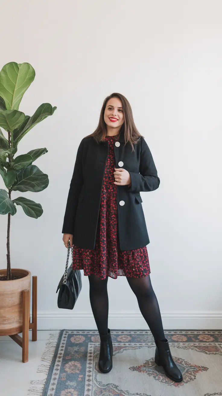 Trendy Birthday Outfit Winter 2025 2026 Floral Mini Dress with Classic Black Coat