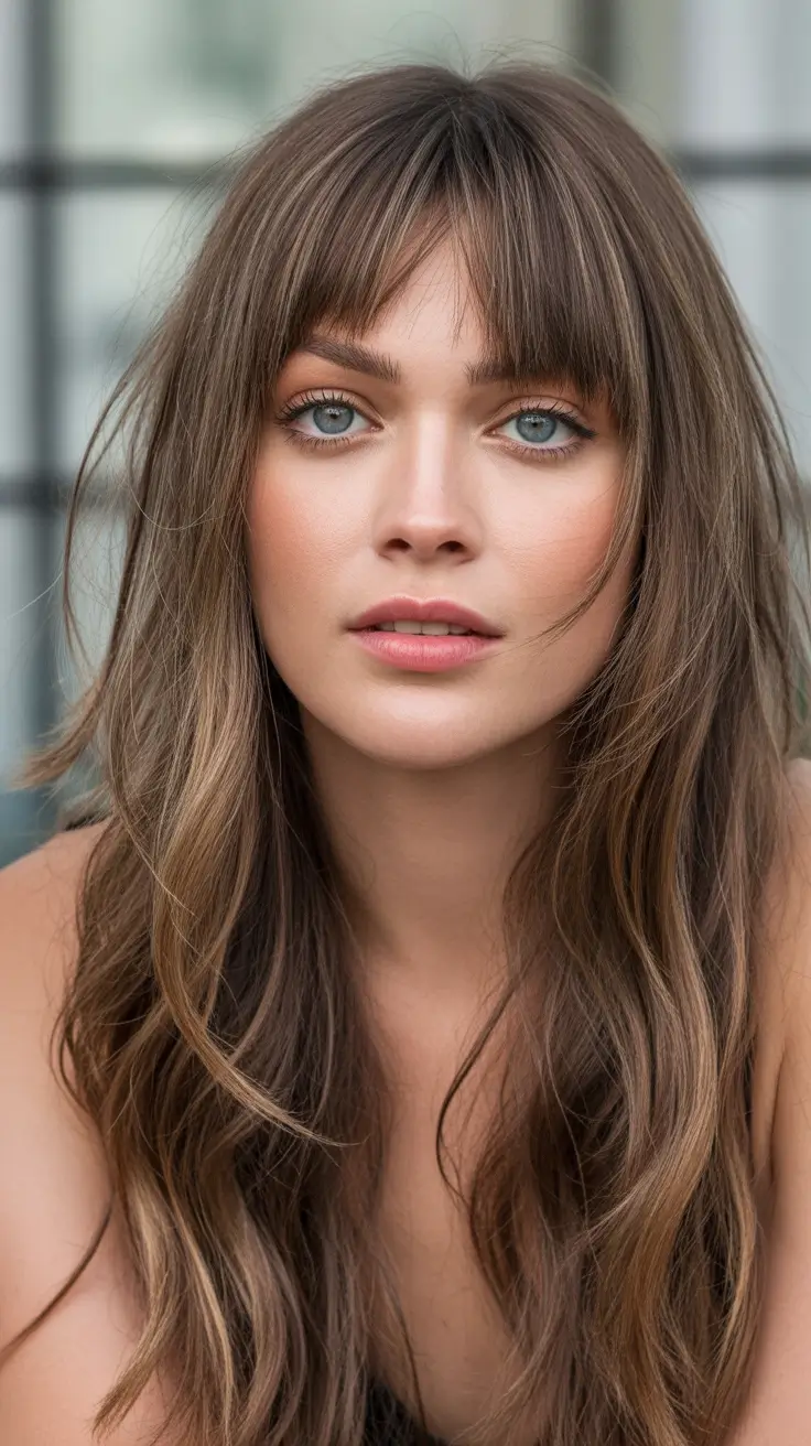 brown hair colors winter Soft Brunette Waves with Bangs