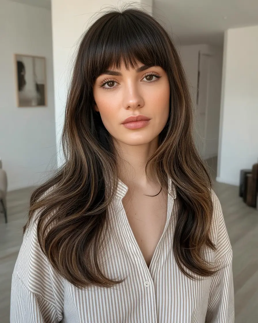 brown hair colors winter Classic Brunette with Full Bangs
