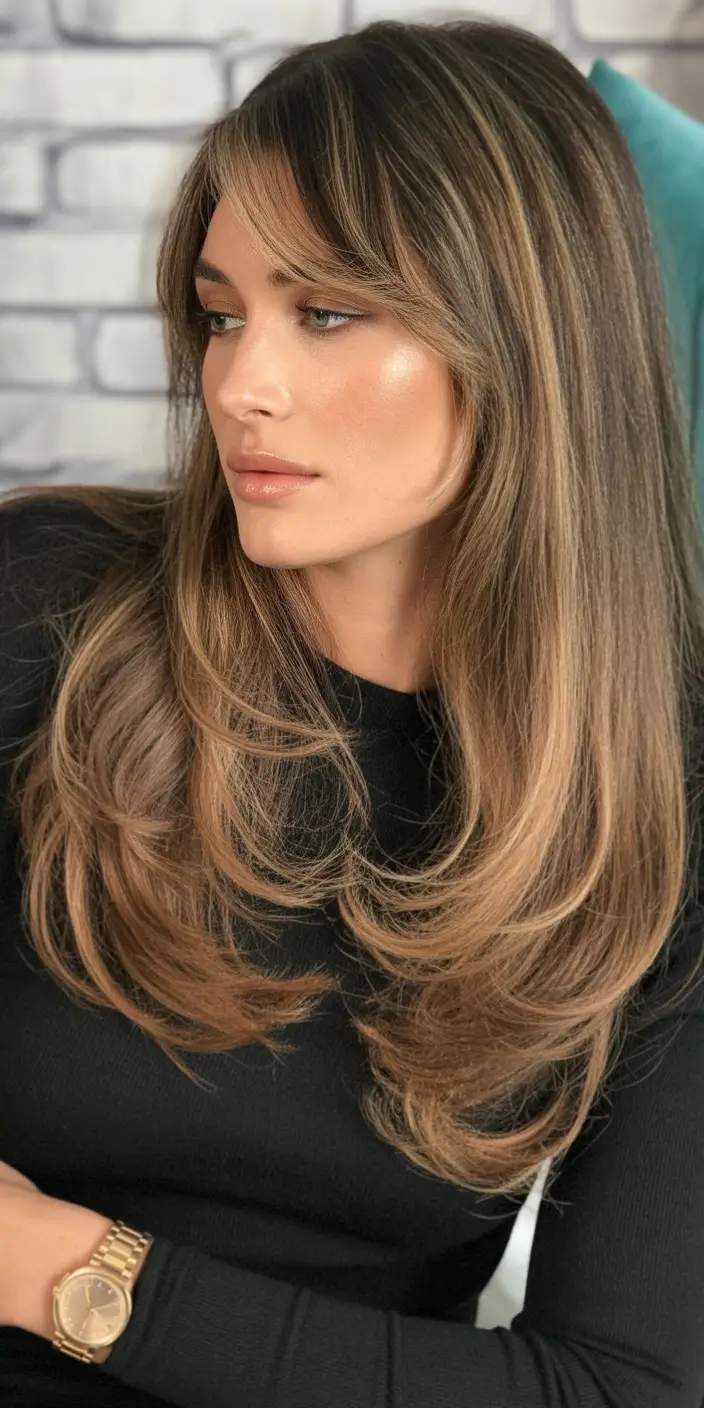 brown hair colors winter Layered Brunette with Caramel Accents