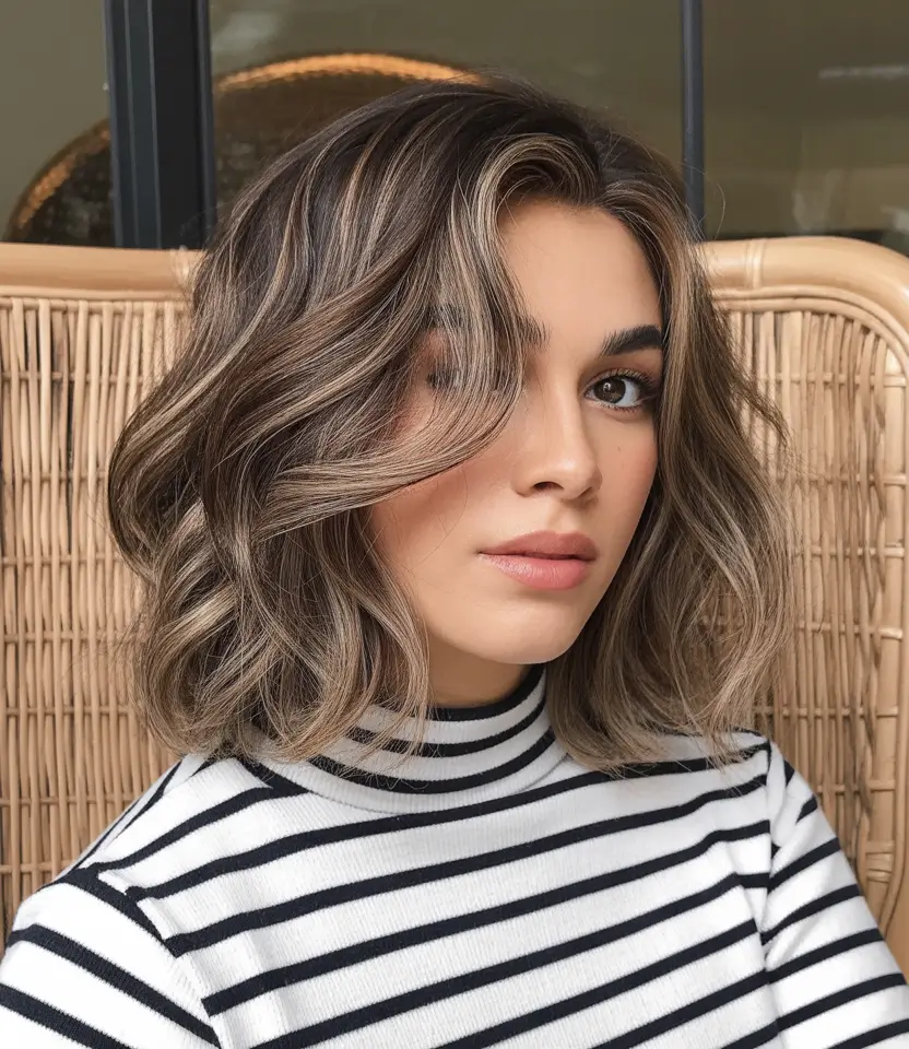 brown hair colors winter Textured Brunette Bob with Balayage
