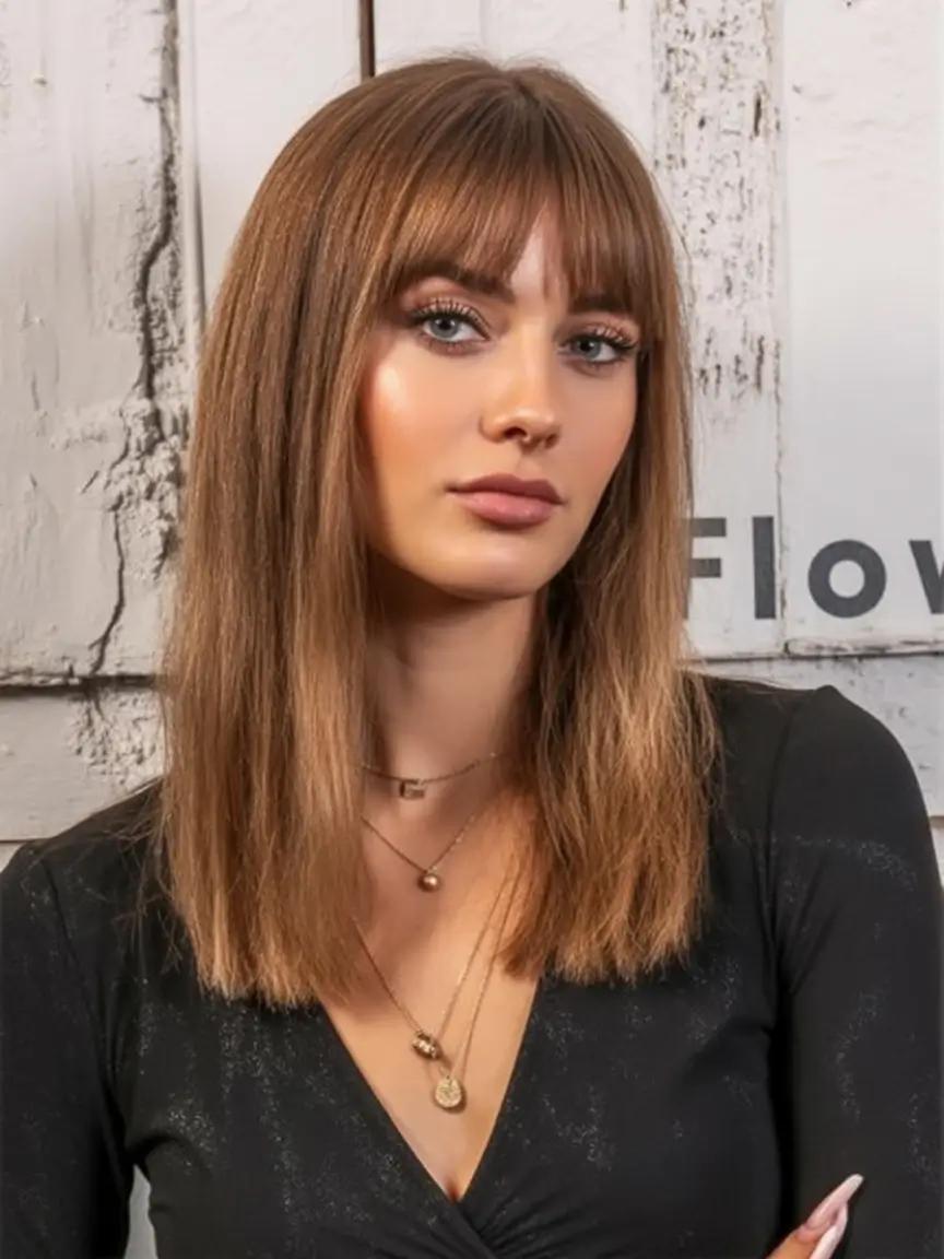 brown hair colors winter Straight Brunette with Blunt Bangs