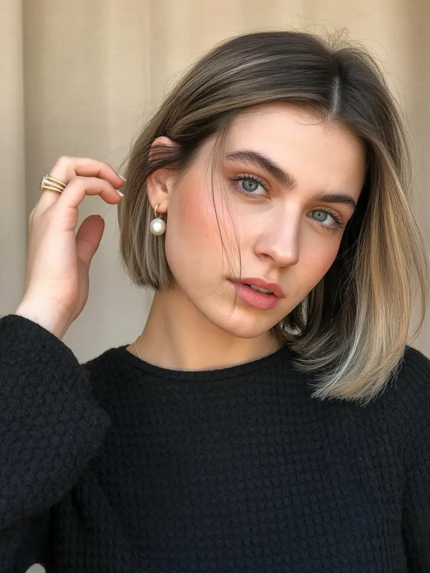 brown hair colors winter Short Brunette Bob with Lightened Ends