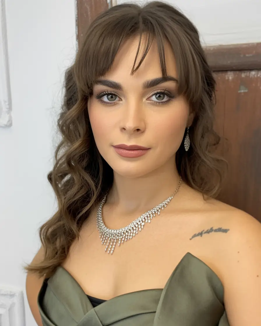 brown hair colors winter Romantic Curls with Soft Bangs