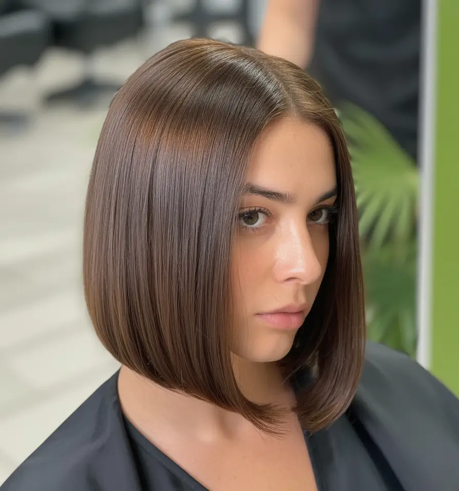 brown hair colors winter Glossy Short Brunette Bob