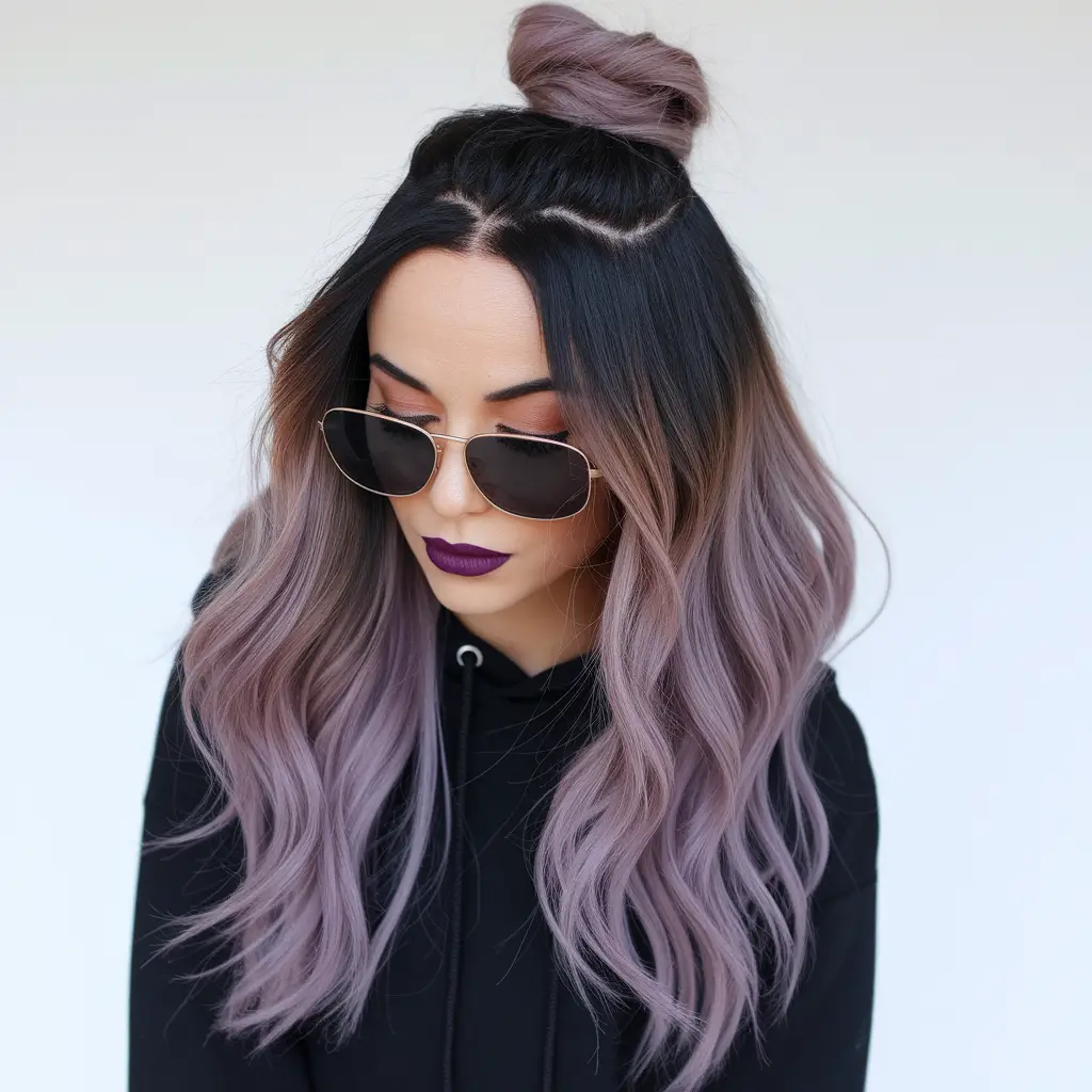 fall winter haircuts 2025 Playful Lilac Ombre With Top Knot