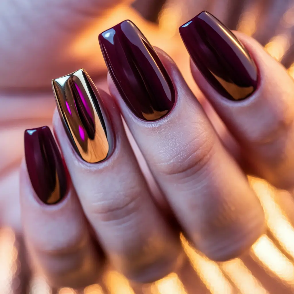 fall winter nails 2025/2026 Velvet Burgundy with Golden Accents