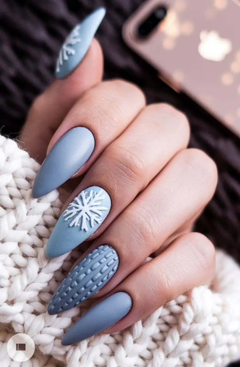 fall winter nails 2025/2026 Powder Blue with Sweater Accents