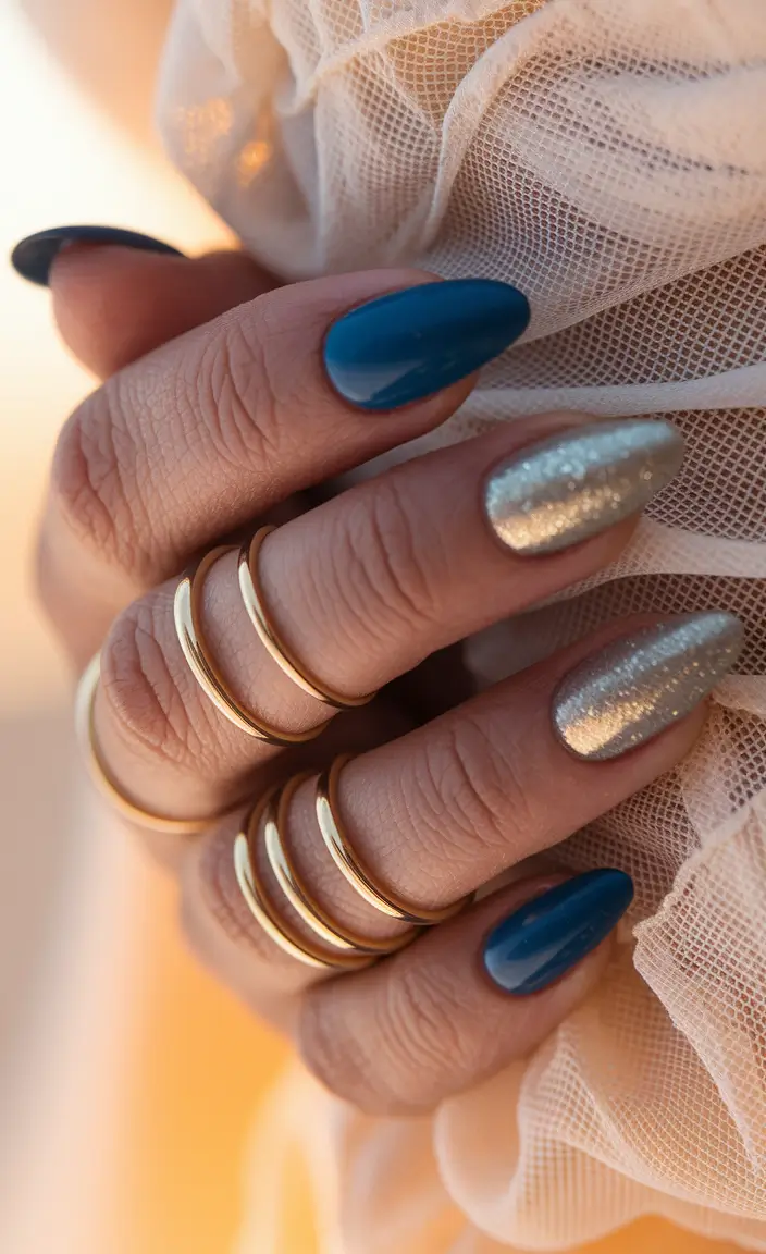 fall winter nails 2025/2026 Royal Blue and Silver Elegance