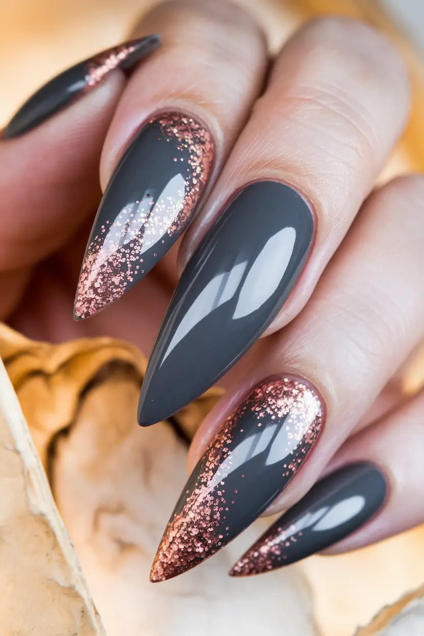 fall winter nails 2025/2026 Smoky Charcoal with Rose Gold Glitter