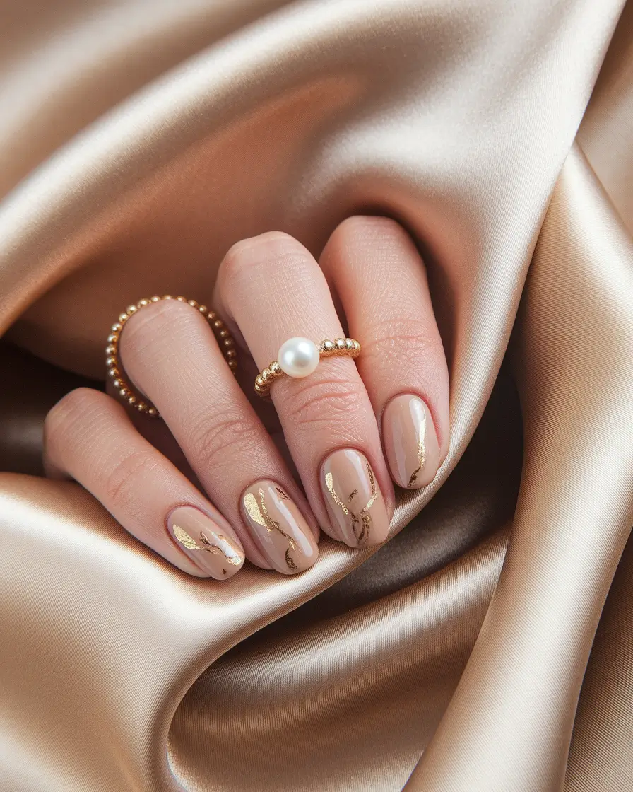fall winter nails 2025/2026 Golden Veins on Nude