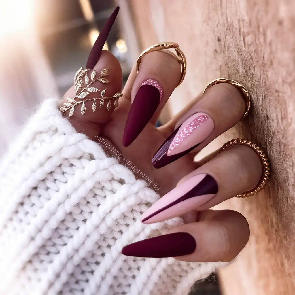 fall winter nails 2025/2026 Burgundy Drama with Pink Accents