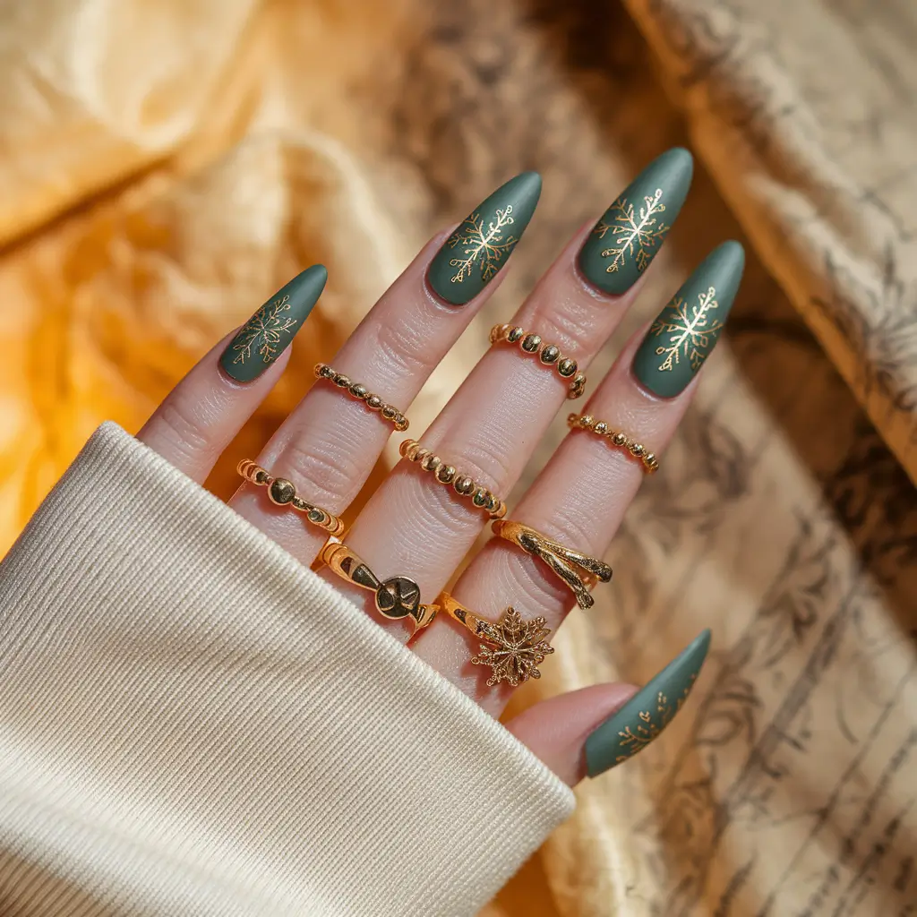 fall winter nails 2025/2026 Emerald Frost with Golden Snowflakes