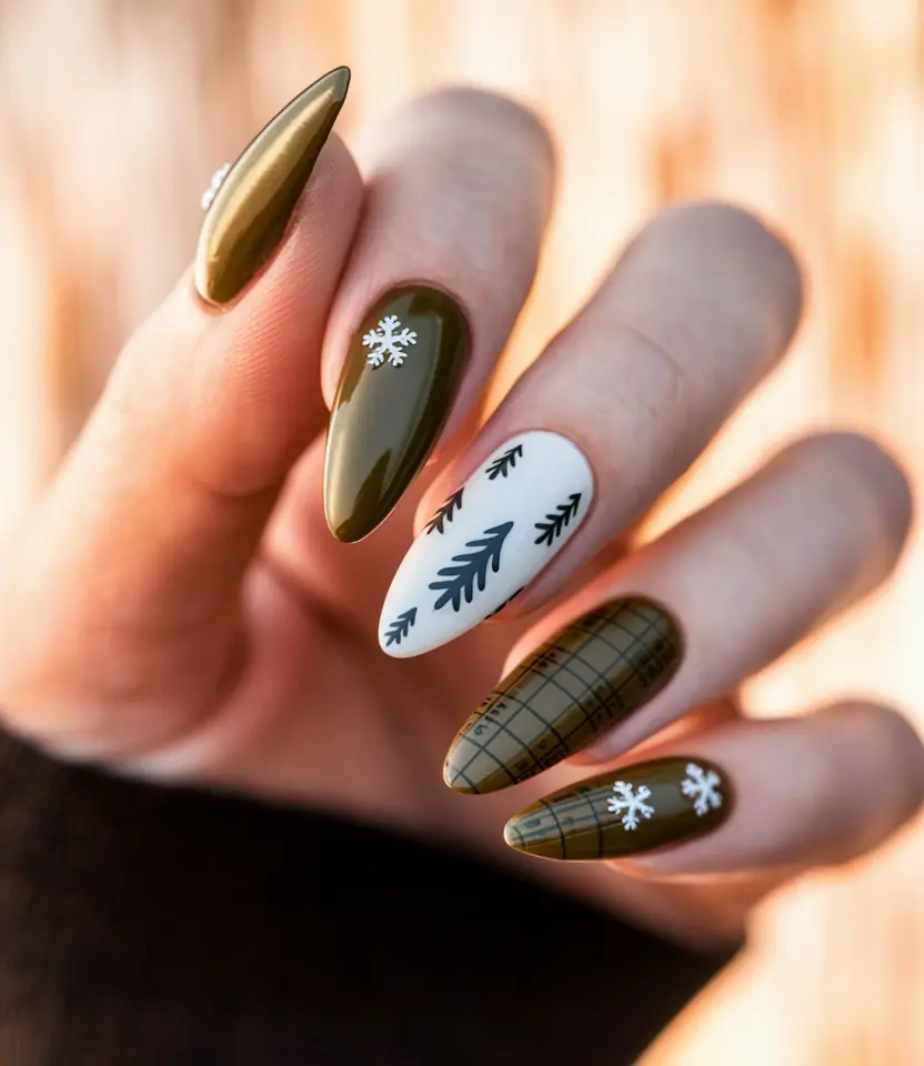 fall winter nails 2025/2026 Olive Forest Plaid