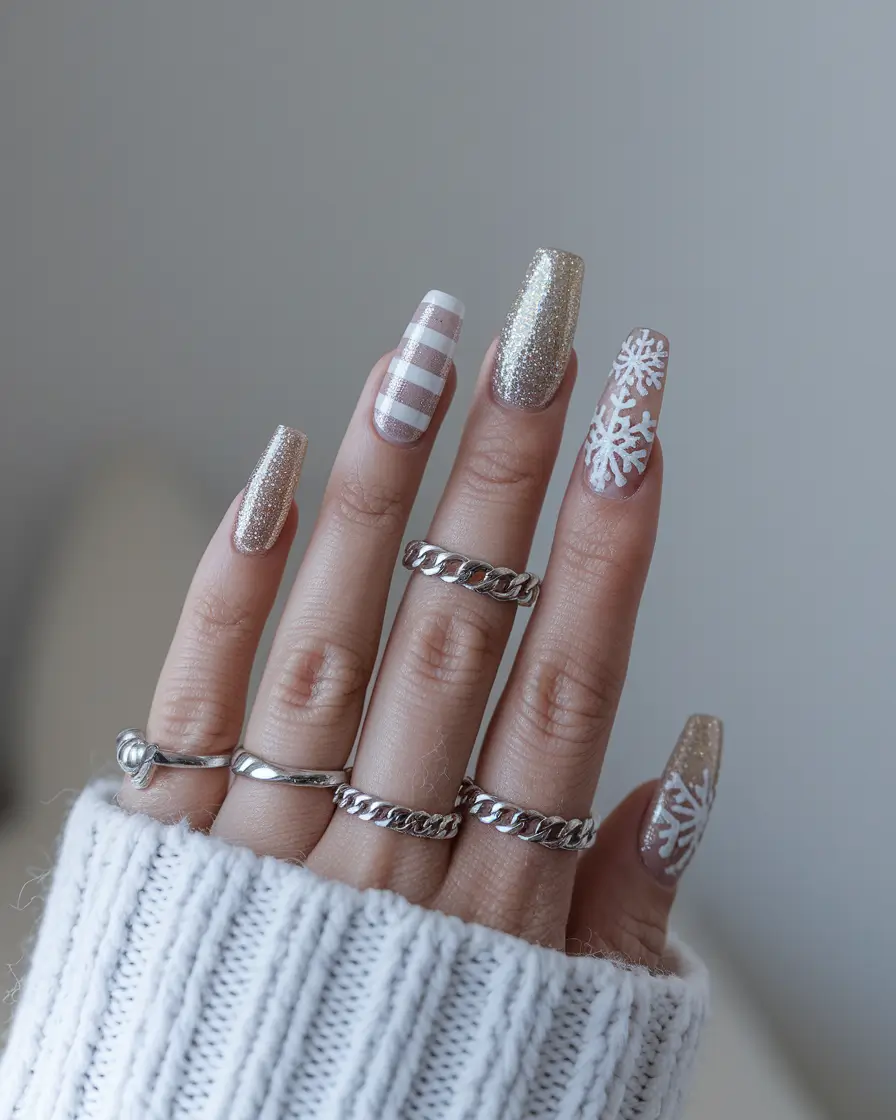 fall winter nails 2025/2026 Frosty Sparkle and Candy Stripes