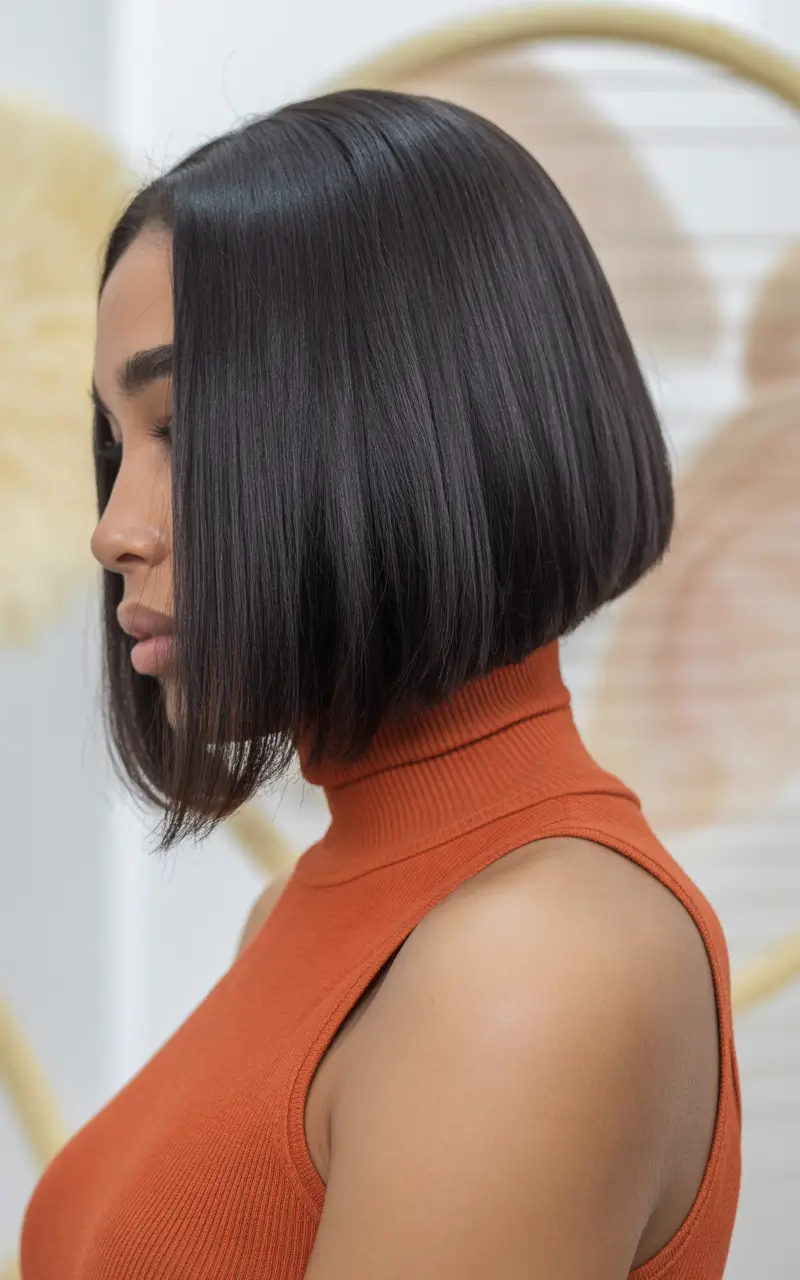 winter hair colors for black women short Sharp Jet Black Bob