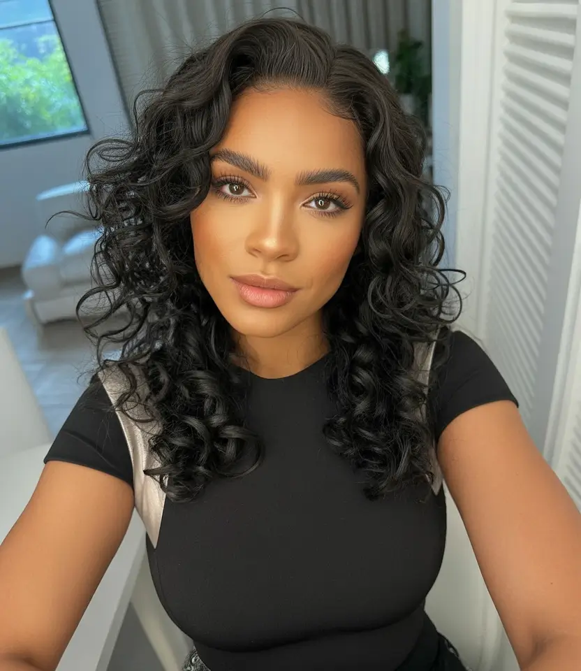 cute winter hair colors black women Defined Curls Midnight Black