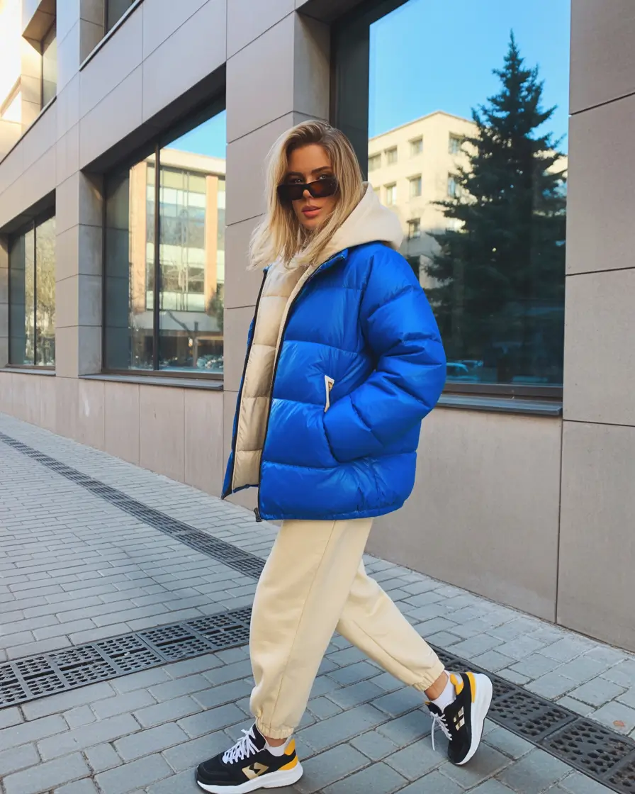 puffer jacket outfit winter style Streetwise Energy in Bold Blue