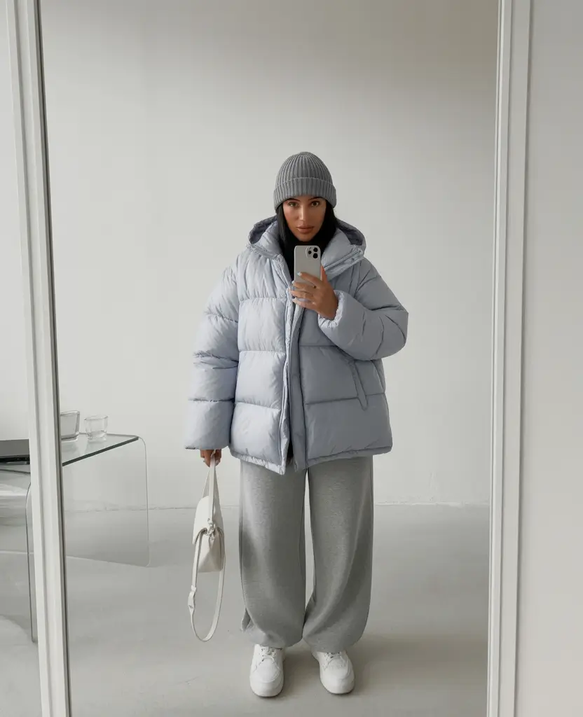 puffer jacket outfits Soft Light Gray Minimalism