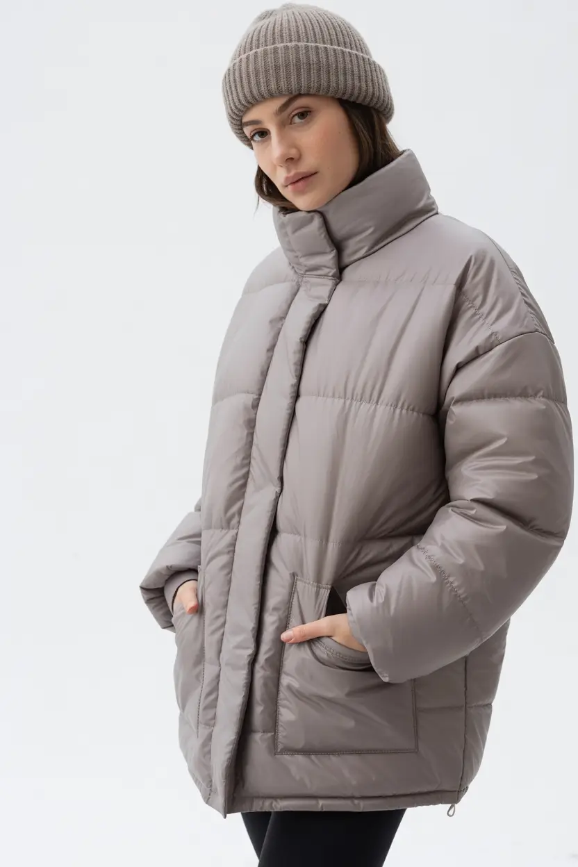 puffer jacket outfit winter style Neutral Gray Ease