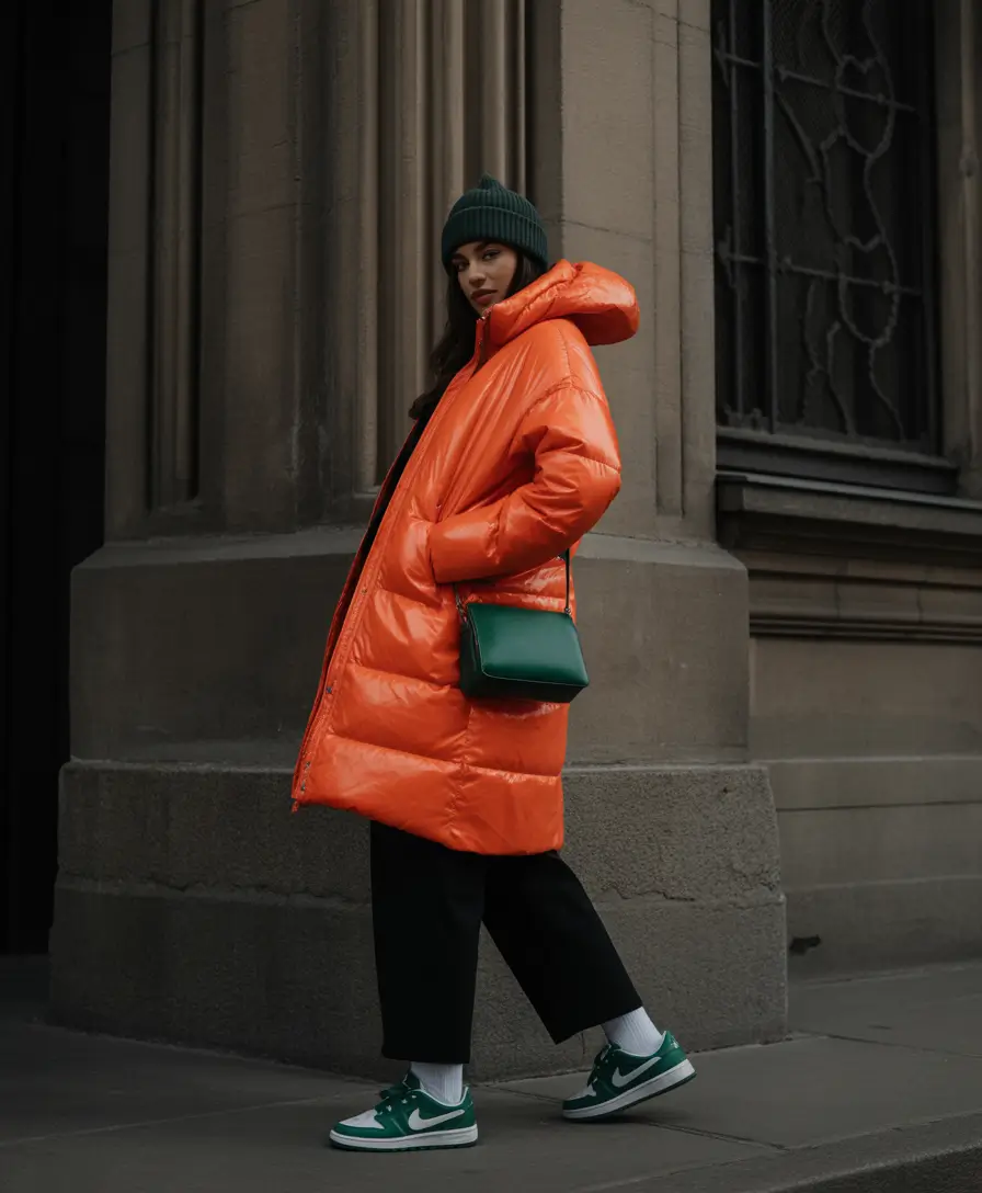 puffer jacket outfit ideas Bold Orange Energy