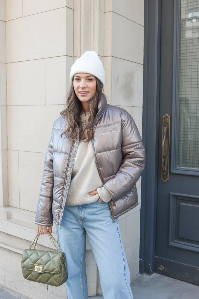 puffer jacket outfit winter style Subtle Metallic Shine