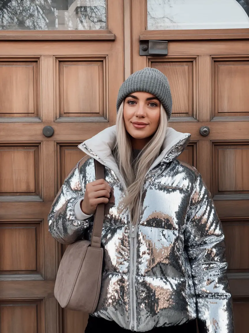 puffer jacket outfits for women Silver Sequin Statement