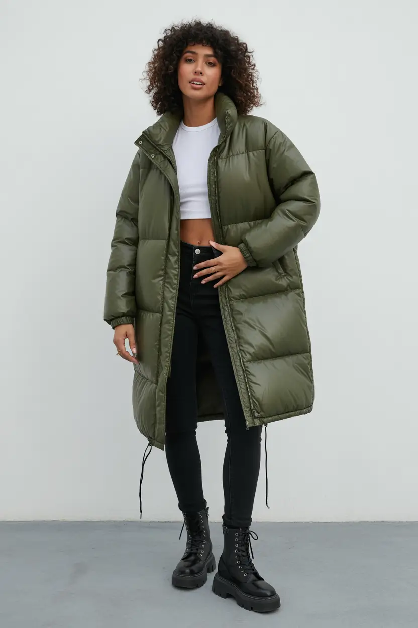 puffer jacket outfits for women Olive Green Edge With Combat Boots
