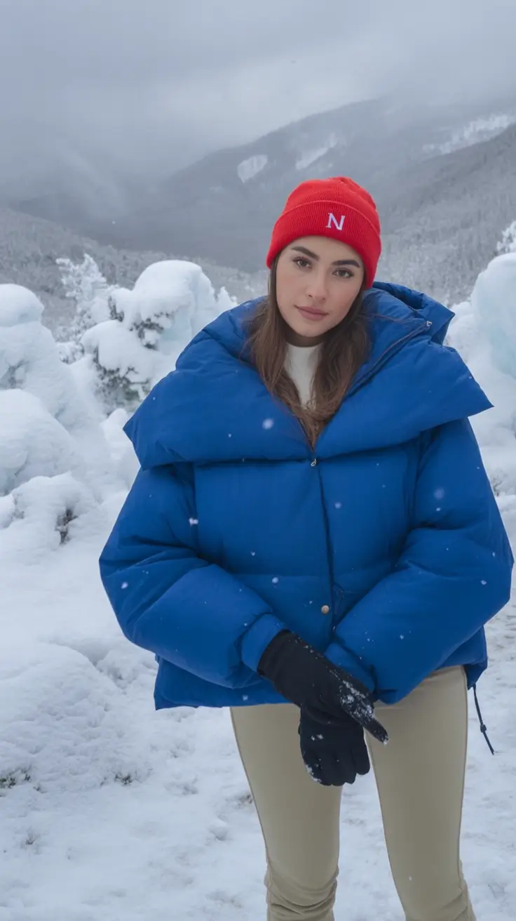 puffer jacket outfit winter Bright Blue in the Snow