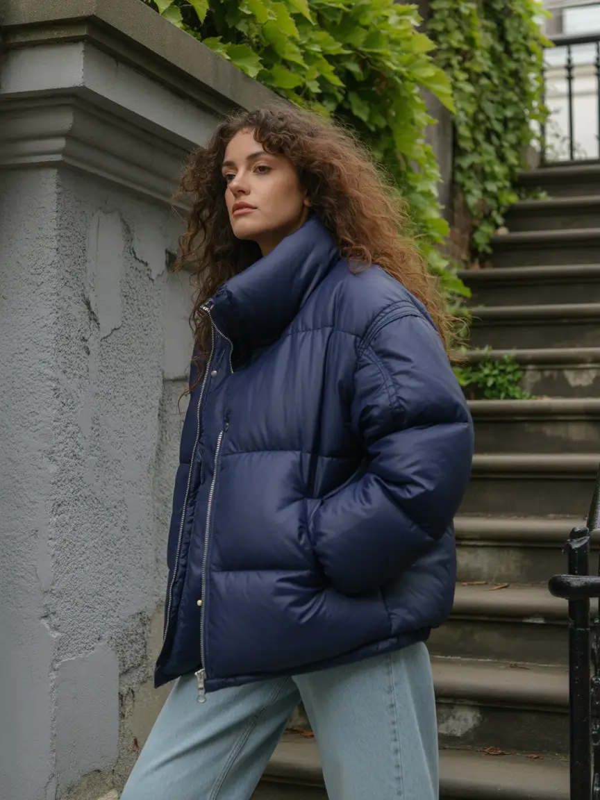 puffer jacket outfit ideas Classic Dark Blue with Denim