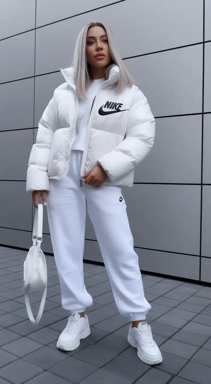 puffer jacket outfit white All-White Sporty Chic