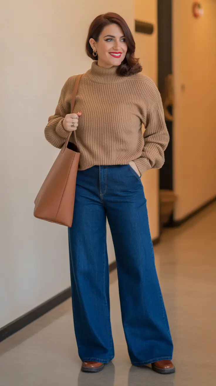winter work outfits for women 2025 Retro Denim and Camel Pairing