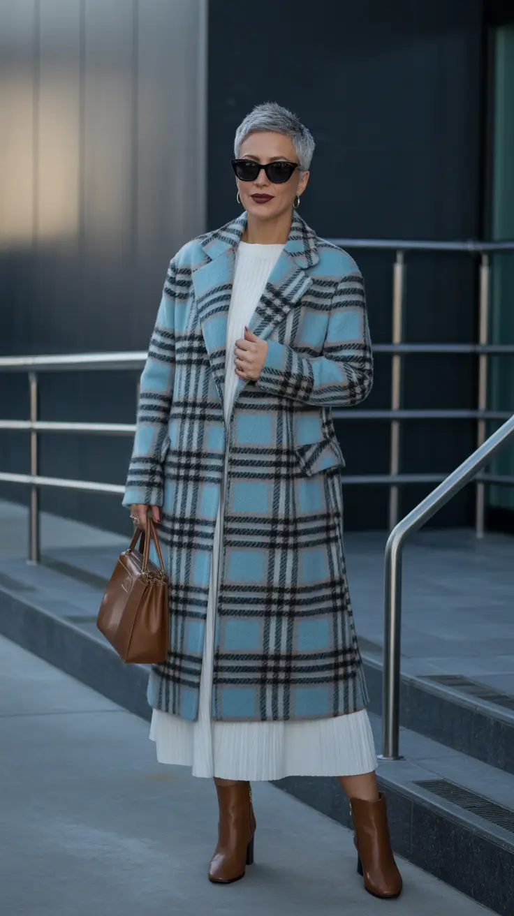 winter work outfits for women 2025 Blue Checks With Modern Confidence
