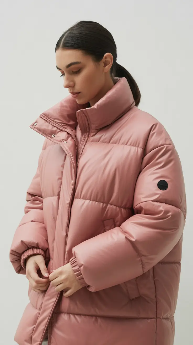 winter work outfits for women 2025 Soft Rose Puffer Elegance