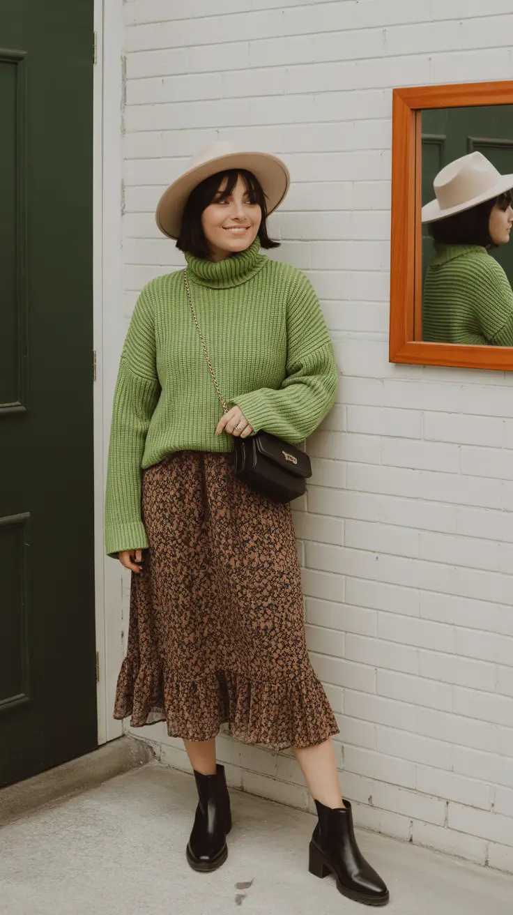 winter work outfits for women 2025 Soft Green Knit With Feminine Layers