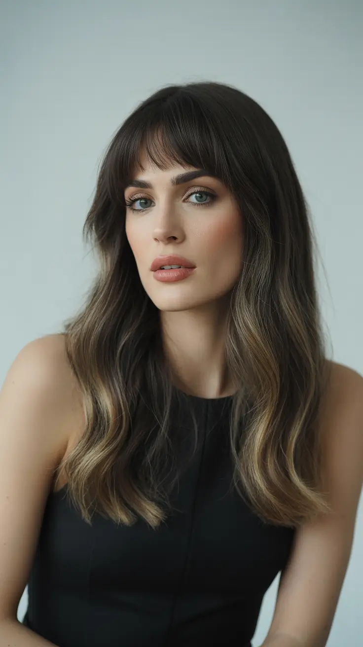 winter hair color balayage ombre Soft Curtain Bangs with Subtle Brunette Balayage