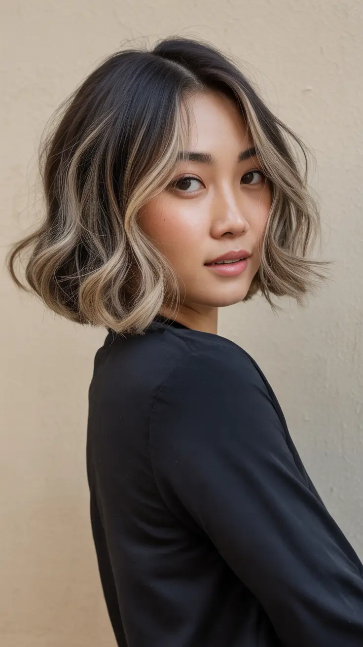 winter hair color balayage ombre Textured Bob with Ash-Toned Balayage
