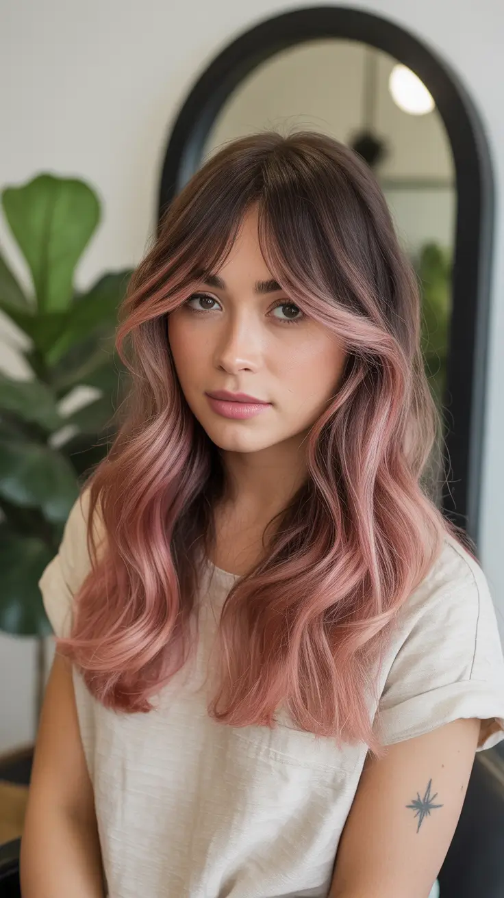winter hair color for brunettes balayage caramel highlights Rosewood Balayage with Soft Curtain Bangs