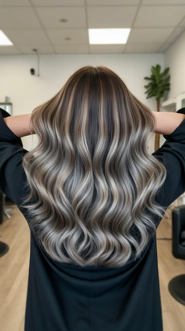 long winter hair color balayage Silver-Toned Balayage with Dark Depth