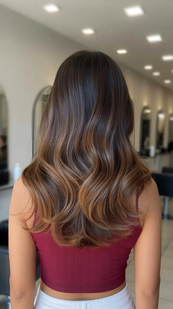 fall dark brown 2026 long Glossy Brunette with Golden Sunkissed Balayage