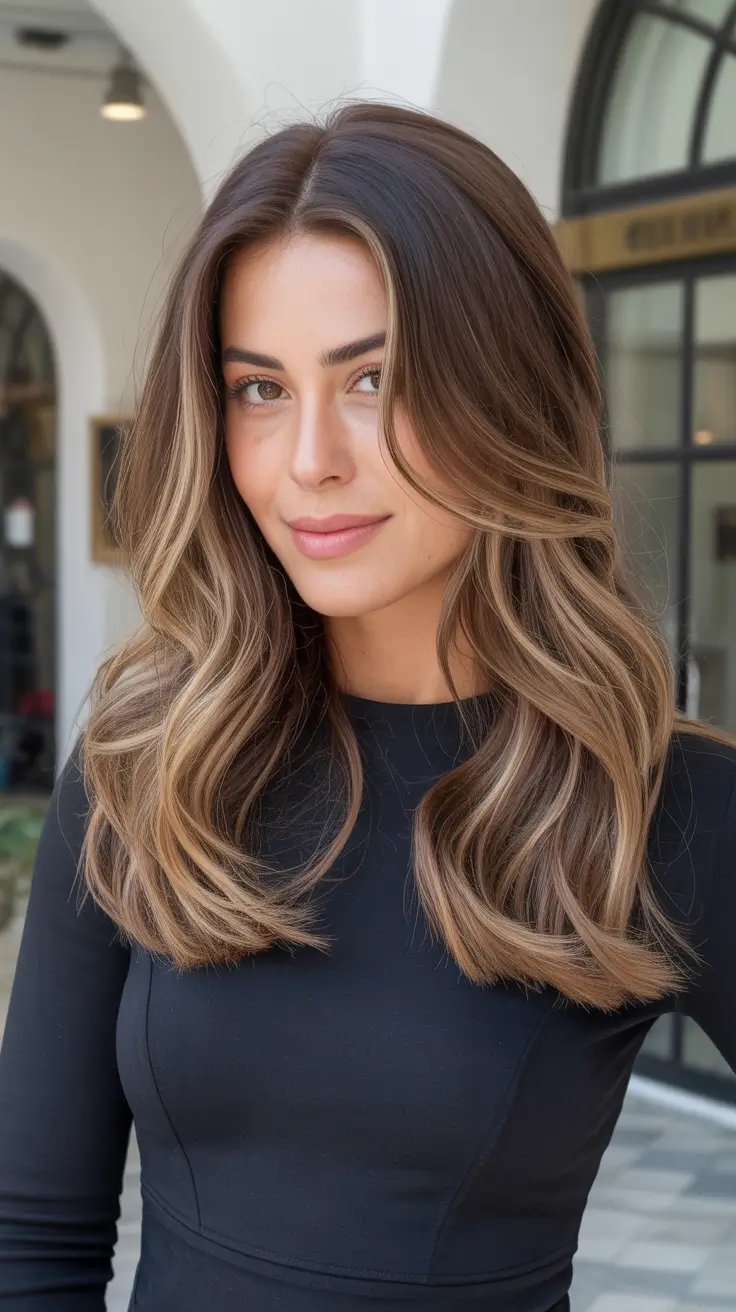 hair color ideas for fall winter balayage brunette Caramel Brown Balayage with Mid-Length Waves